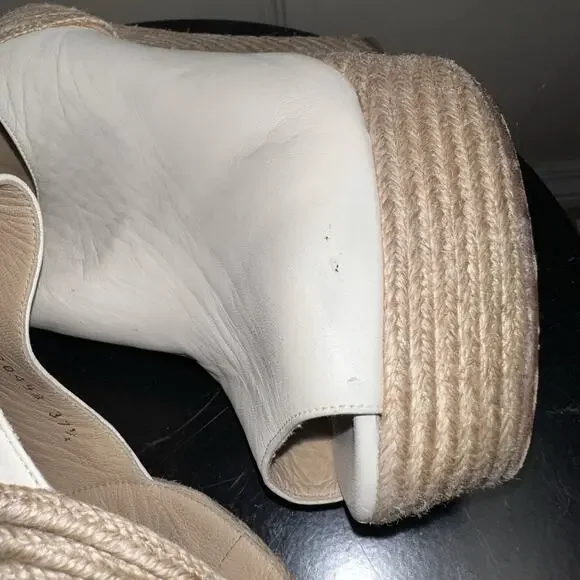 Authentic GUCCI Cream Leather Raffia Jute Wedge Heel Slingback Sandals EU 37.5